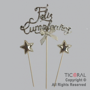 CAKE TOPPER CON 2 ESTRELLAS FELIZ CUMPLEAOS PLATA